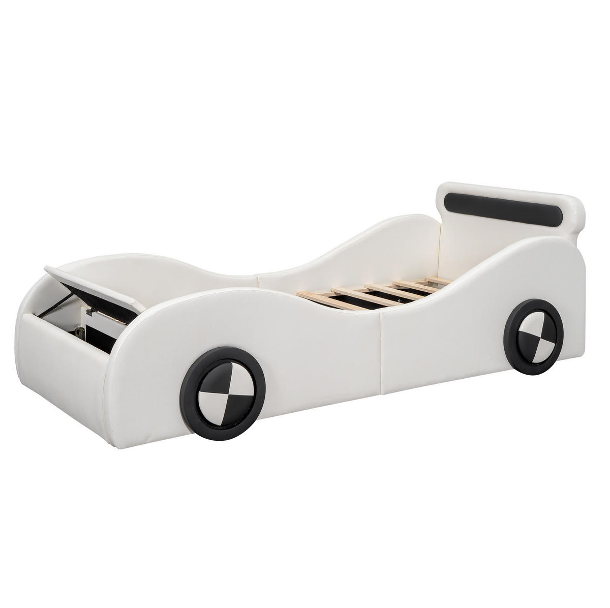 KINDERBETT 90/200 cm in Autoform aus PU und MDF mit LED-Rädern - Weiß, Kunststoff (90/200cm) - BEAOK