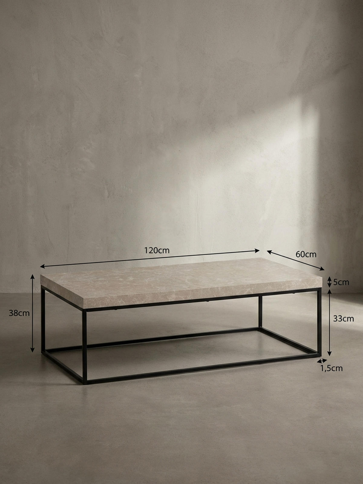 COUCHTISCH in Stein-Optik mit Metallbeinen, Modernes Design, Rechteckig, Groß, Beige 120x60x38 cm - Beige/Schwarz, Holzwerkstoff/Metall (60/120/38cm) - KADIMA DESIGN