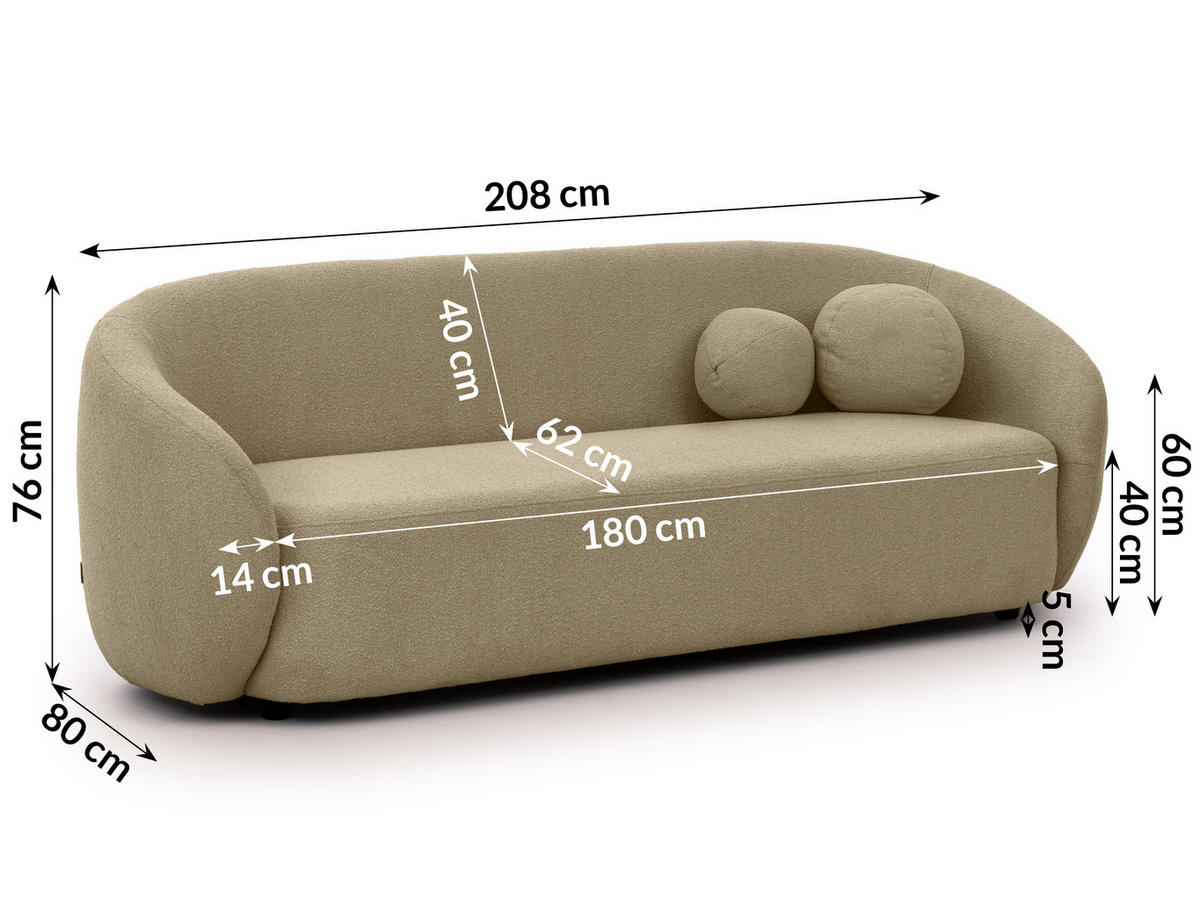 SITZGARNITUR 3+2+1 Roundi Beige Bouclé - Beige/Schwarz, Holz/Kunststoff (208/76/80cm) - S-Style Möbel
