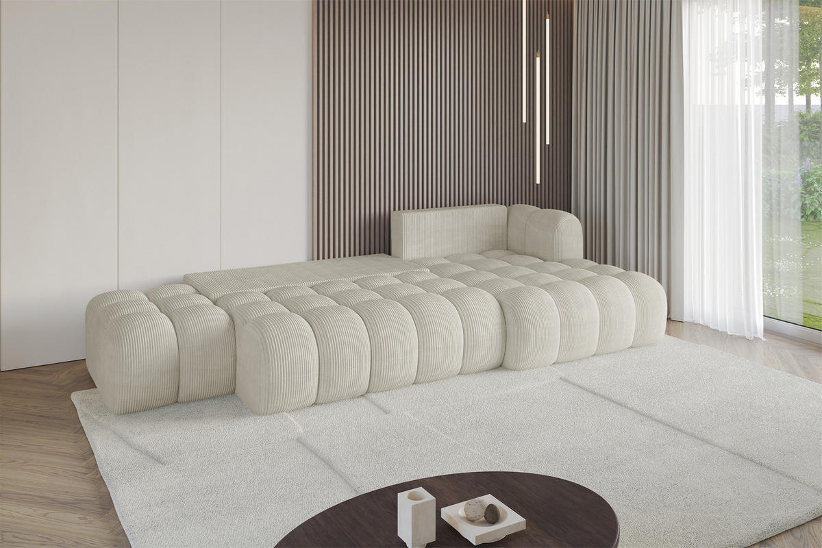 ECKSOFA mit Schlaffunktion Ottomane RECHTS OLEA-L2 321x164x75 Creme Cord - Ecru/Schwarz, Holzwerkstoff/Kunststoff (164/321cm) - ALTDECOR