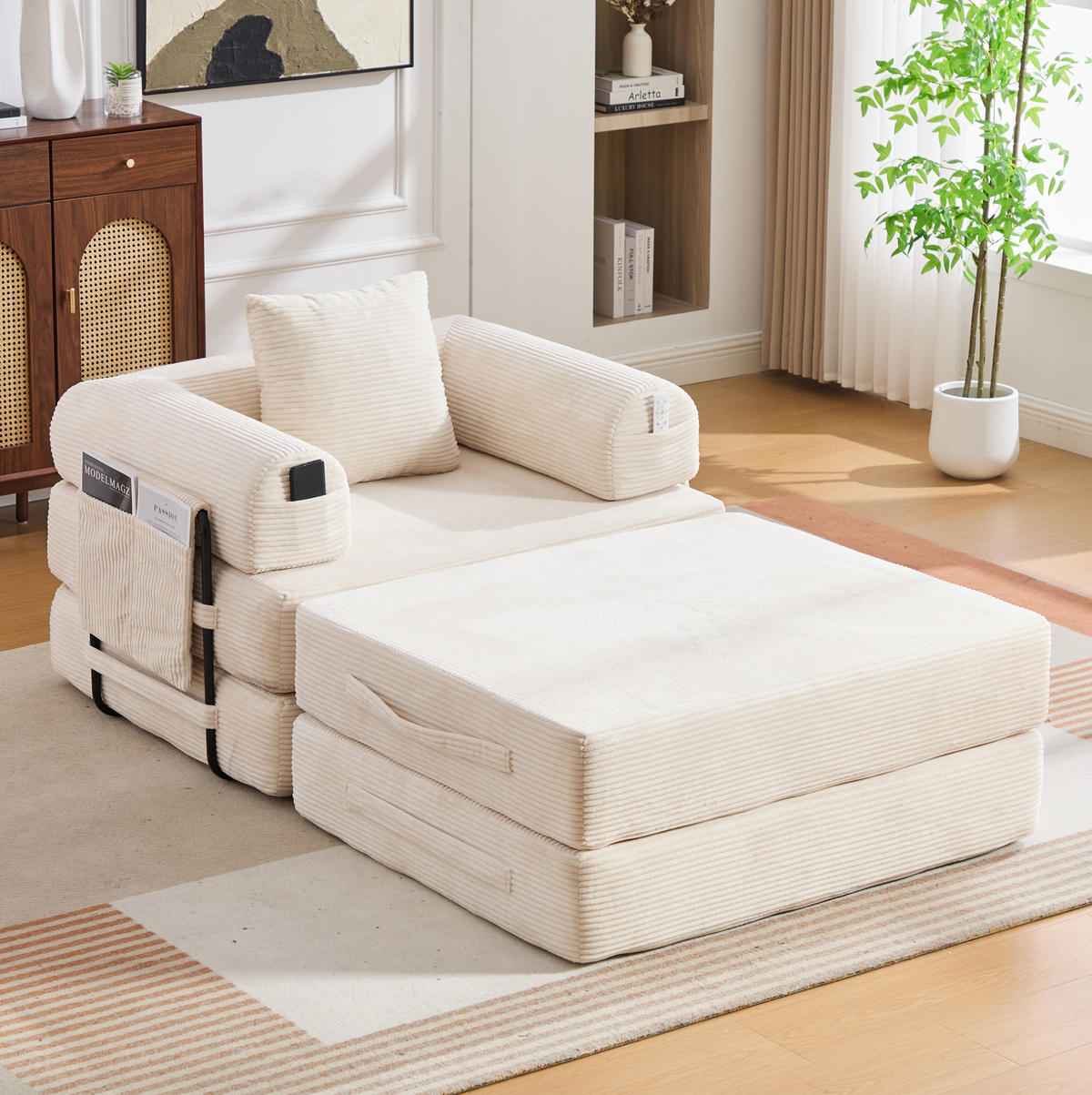 SCHLAFSOFA aus Cord 112x190x67 cm Beige mit Hocker, Seitentasche und Kissen, montagefrei - Beige, Textil (112/67/190cm) - Modfu