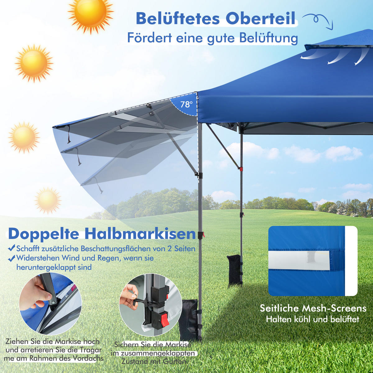 PAVILLON 3x3m Blau - Blau, Kunststoff (537/290/300cm) - COSTWAY