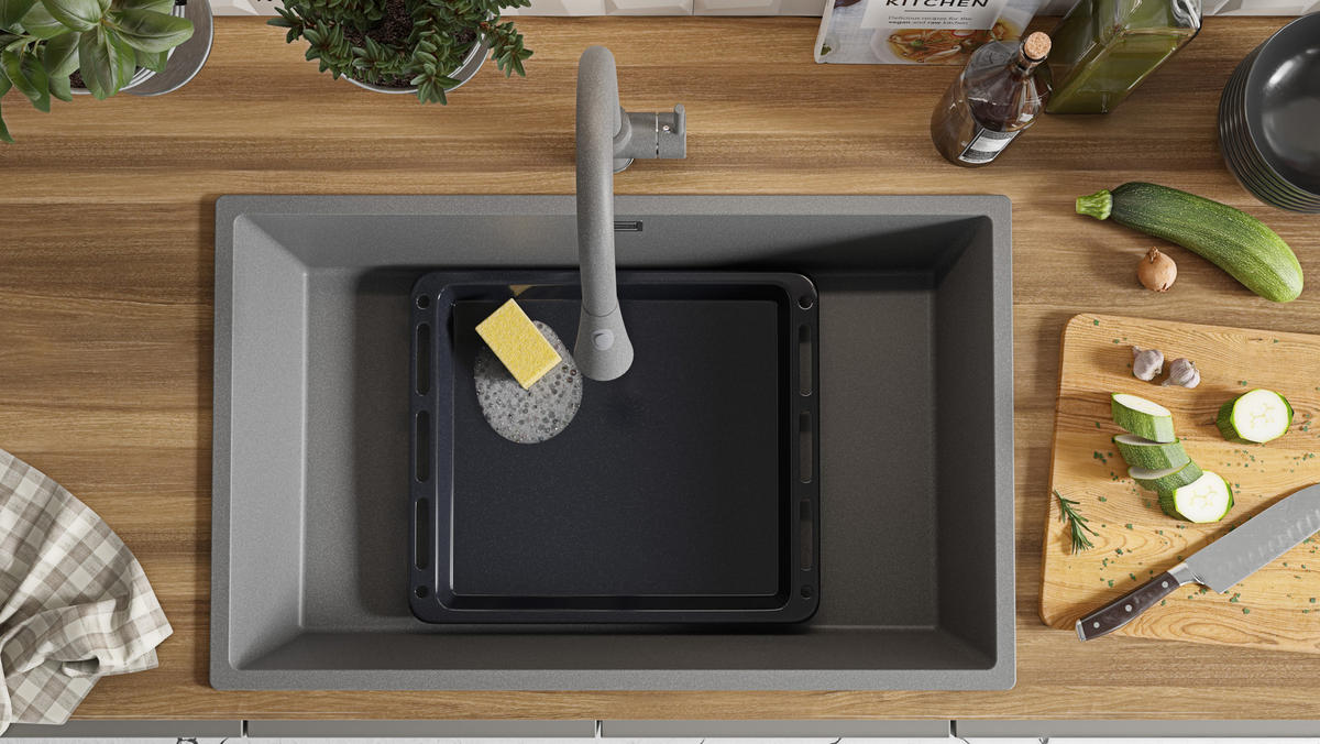 GRANITSPÜLE London Slim, 2-er set Grau 76/47 cm 1 Becken + Küchenarmatur 38/14 cm + Ablauf-Set ab 80er Unterschrank - Chromfarben/Grau, Kunststoff (76/20/47cm) - Primagran