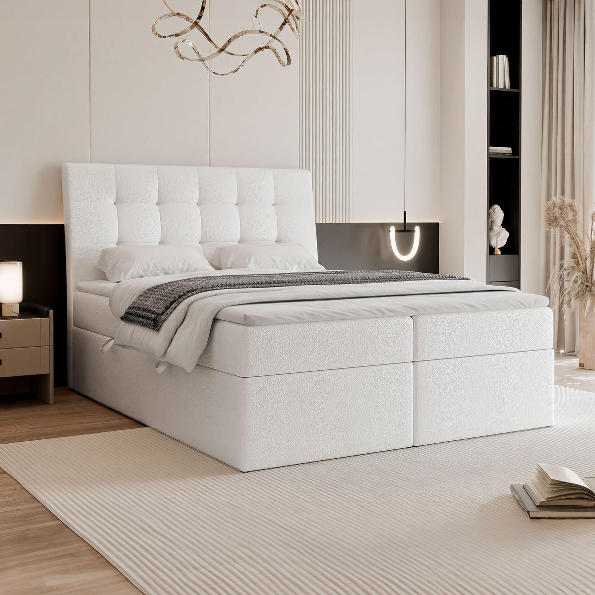 BOXBETT BAILEY 120/200 cm mit Matratze und Topper, Weiß - Schwarz/Weiß, Textil/Metall (120/200cm) - Idohome