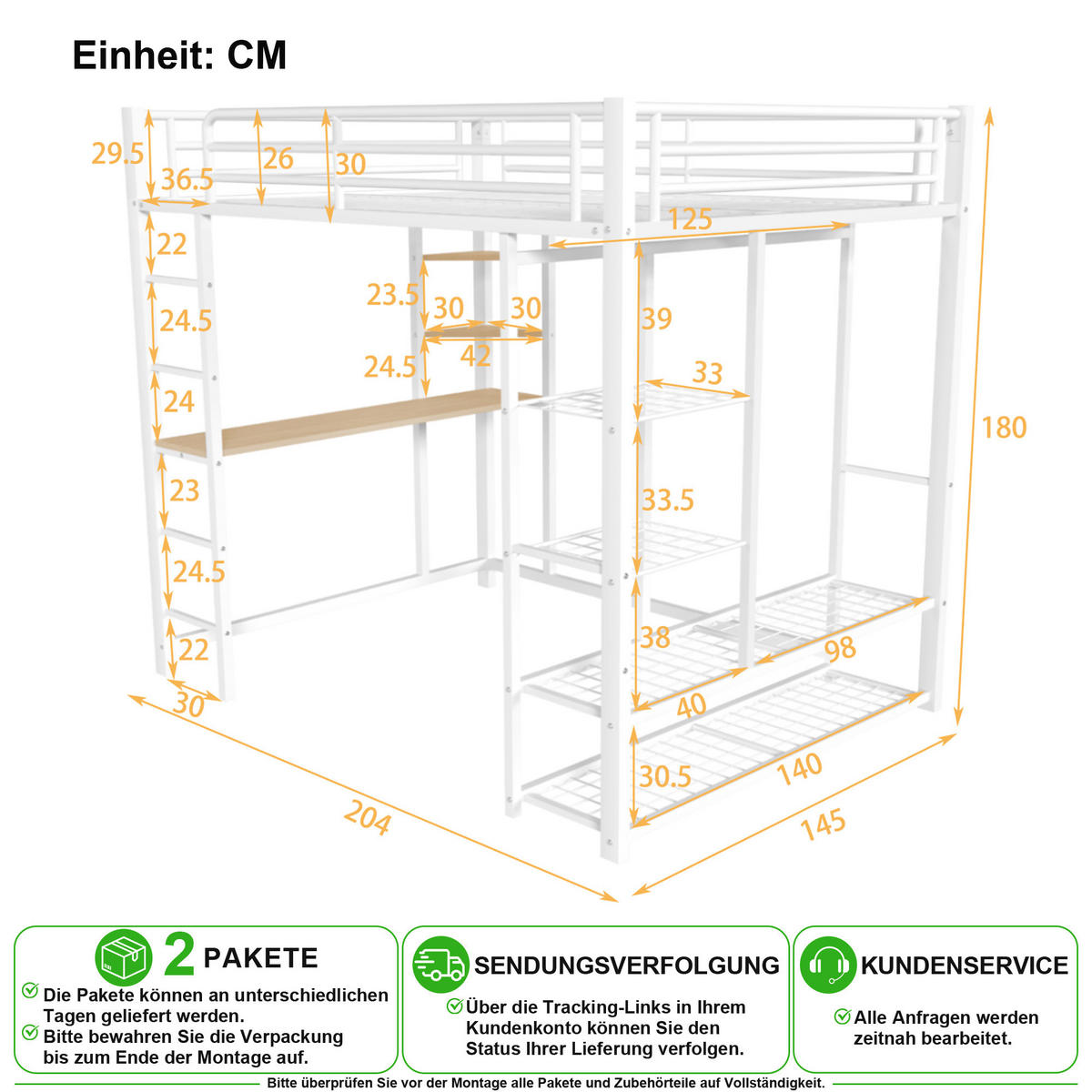 HOCHBETT 140/200 cm in Weiß mit Schreibtisch, Regal und Kleiderstange - Weiß, Holzwerkstoff/Metall (140/200cm) - CHICFURN