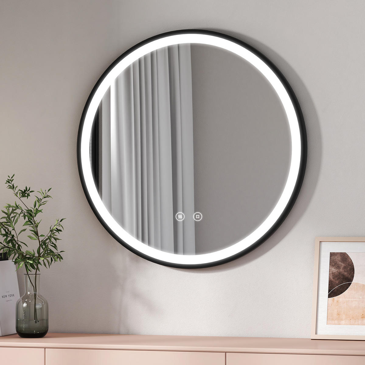 BADSPIEGEL Rund mit Antibeschlag mit Hängeriemen Schwarz ф80 cm - Schwarz, Glas (80/3.5/80cm) - EMKE