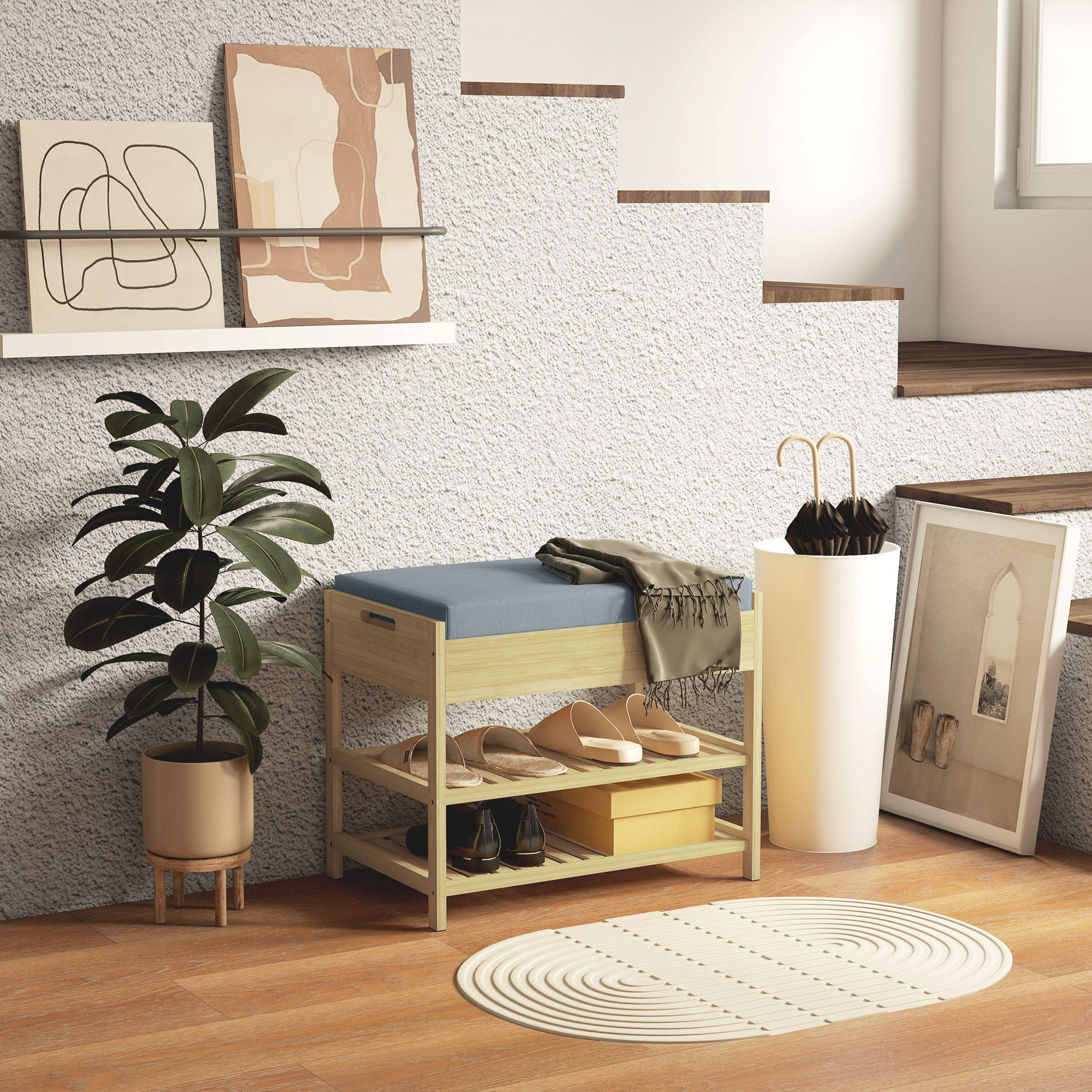SCHUHBANK mit 2 Etagen, Schublade, für 4 Paar Schuhe, für Flur, Bambus, Natur - Naturfarben, Kunststoff (35/46/55cm) - HOMCOM
