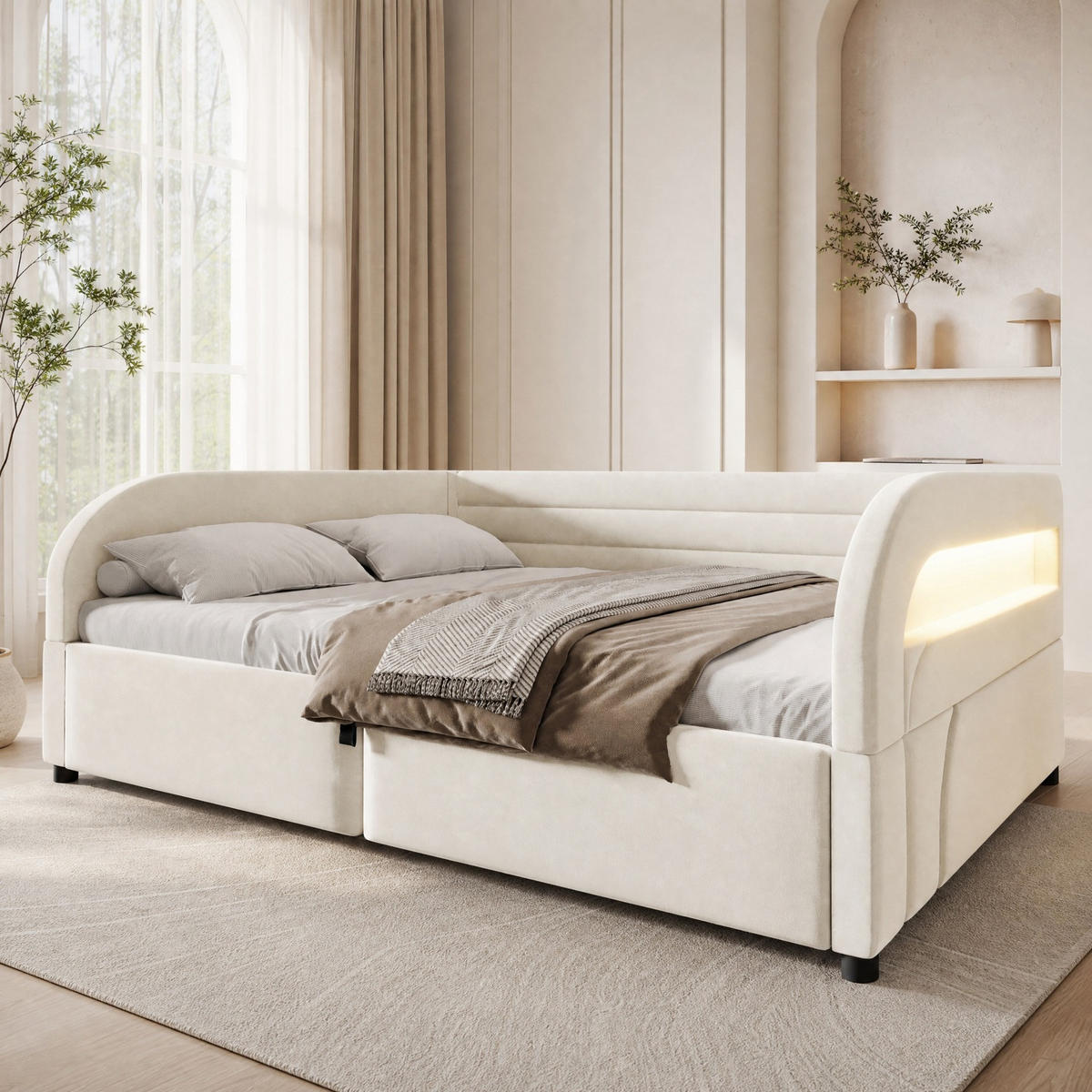 POLSTERBETT 140/200 mit Bettkasten, hydraulischer Hebefunktion und LED-Beleuchtung in Beige - Weiß, Holzwerkstoff/Textil (140/200cm) - EVRYAE