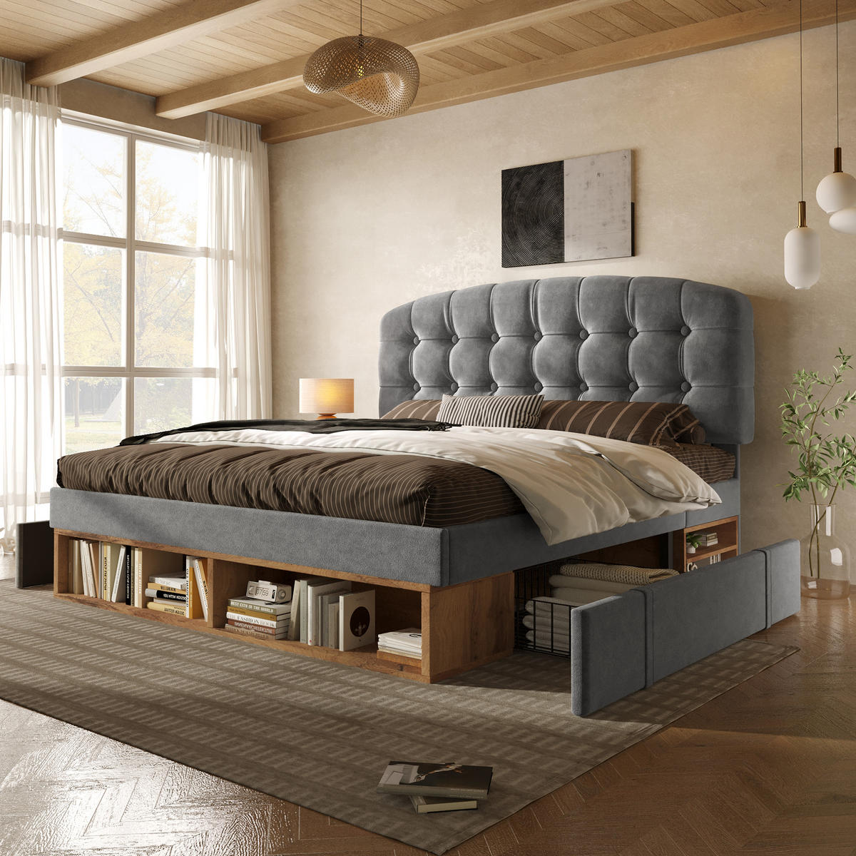 POLSTERBETT 90/200 cm in Grau Samt mit Schubladen und Regal - Grau, Holzwerkstoff/Textil (90/200cm) - WISHDOR