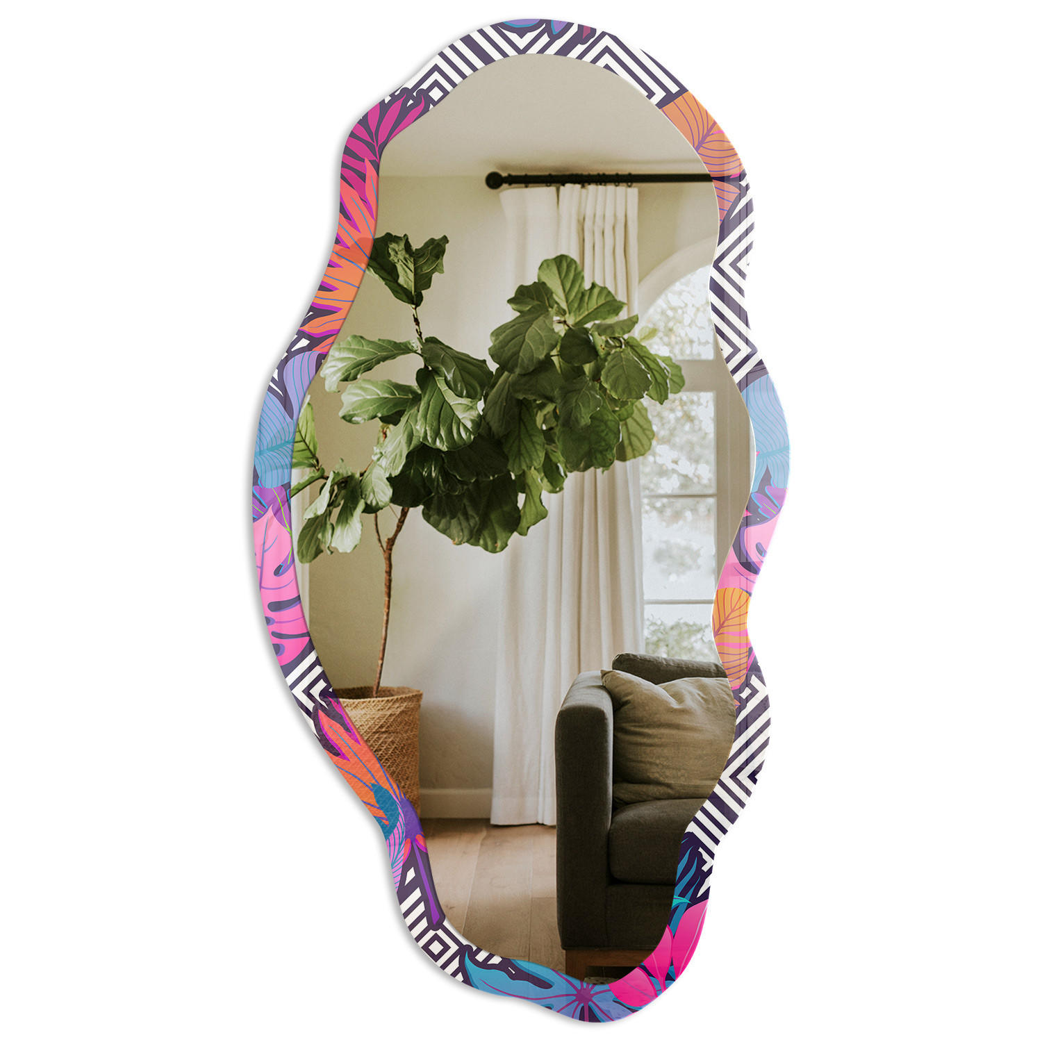 SPIEGEL 90x45 cm asymmetrisch mit Druck - Tropisches Muster - Transparent, Glas (45/90/0.4cm) - TULUP