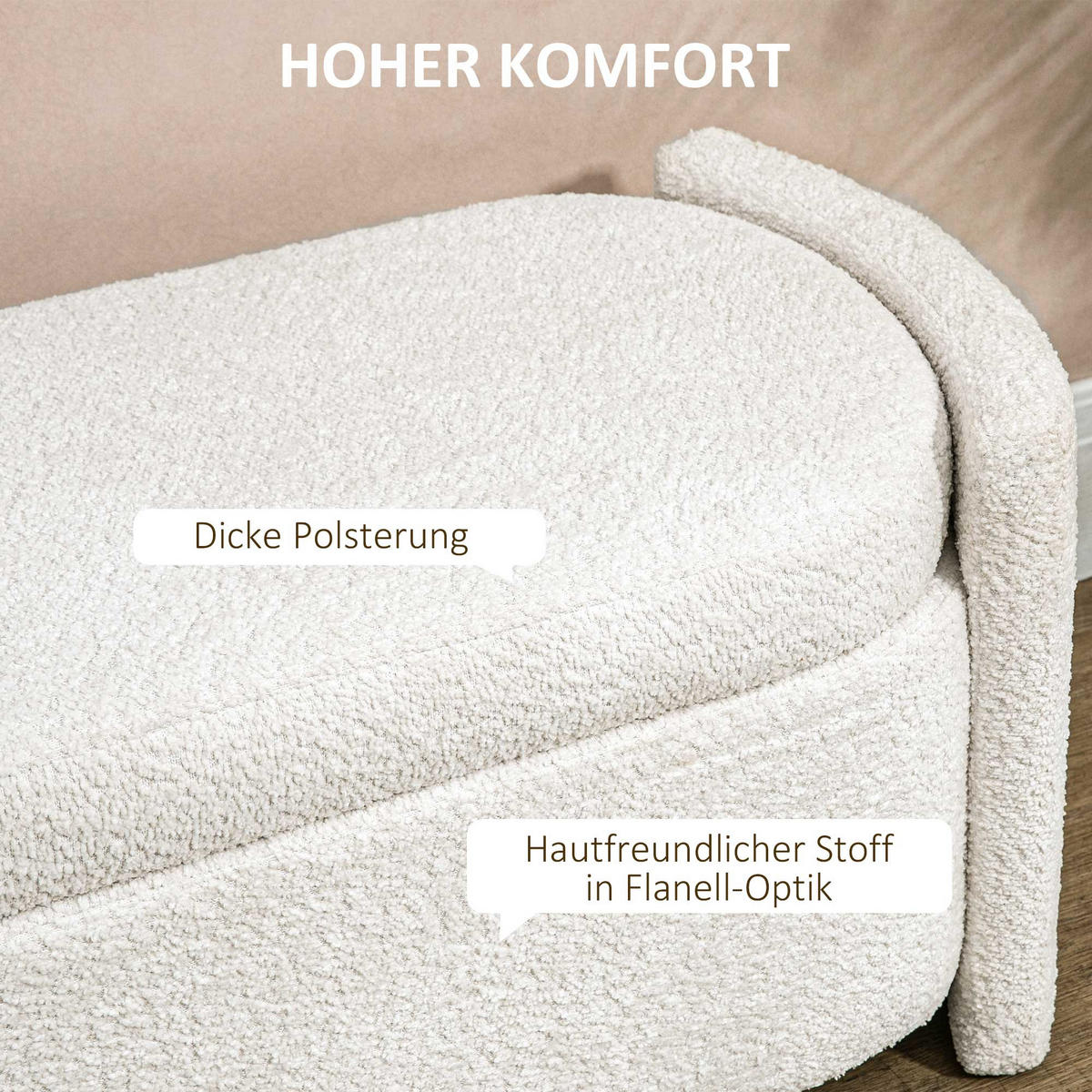 SITZBANK, Bettbank mit Stauraum, Polsterbank mit Deckel, Samtoptik, Creme - Eukalyptusholzfarben/Creme, Holz/Kunststoff (44/45.5/105cm) - HOMCOM