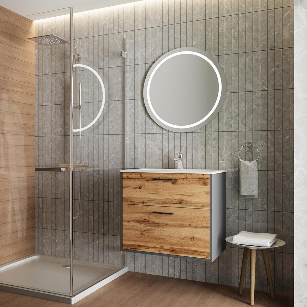 WASCHBECKENUNTERSCHRANK Lanco Anthrazit/Goldkraft Eiche 61 x 61.5 cm mit Waschbecken - Honigeiche/Anthrazit, Holzwerkstoff (61/61.5/46.5cm) - Vicco