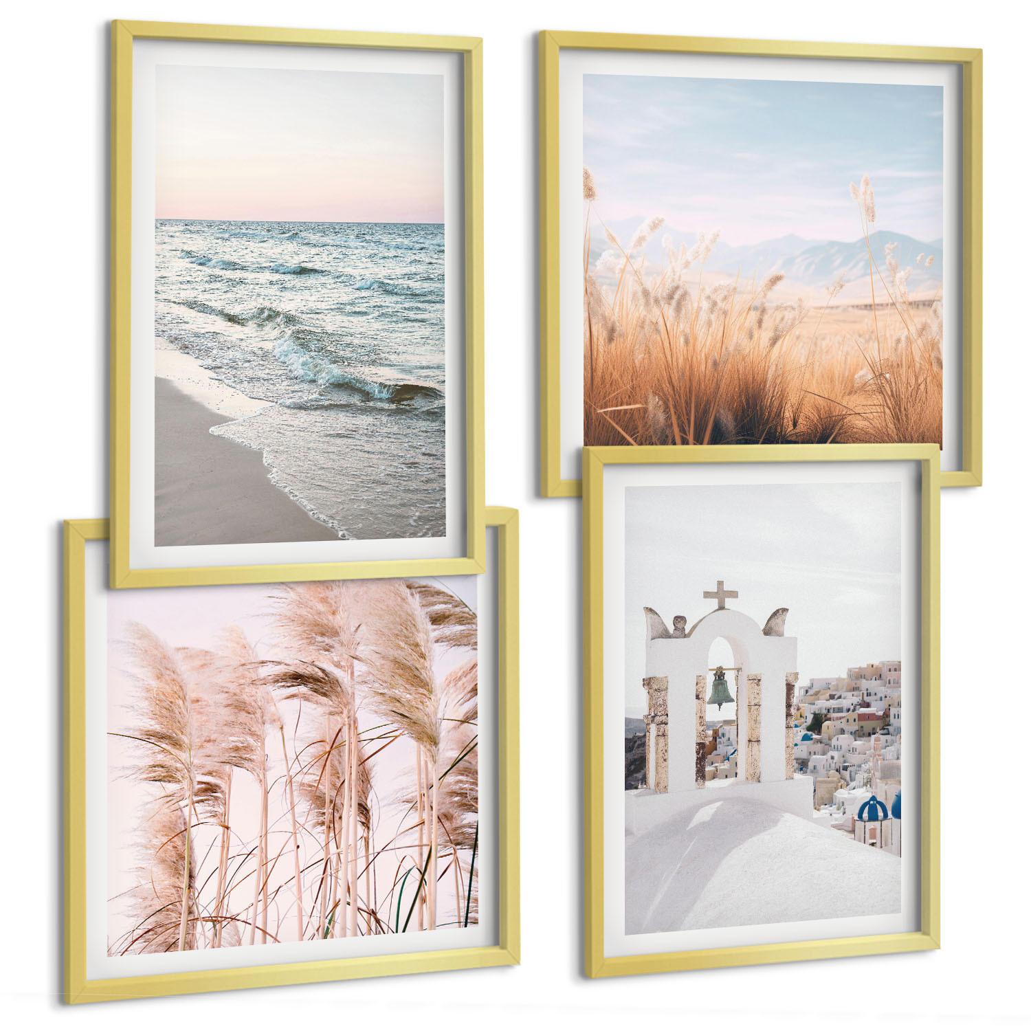 BILDER SET 4er Set - 50x50 cm & 40x60 cm Goldrahmen - Pflanzen, Meereswellen, Aussicht, Häuser - Goldfarben, Kunststoff (50/50cm) - TULUP