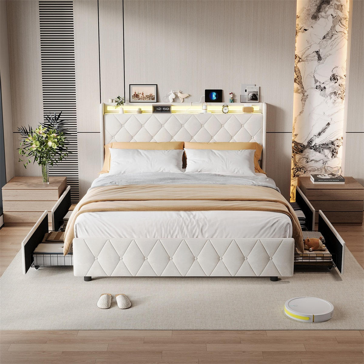 POLSTERBETT 160x200 cm mit 4 Schubladen & LED-Beleuchtung - USB-Anschlüsse - ohne Matratze - Beige - Beige, Textil (160/200cm) - DELFA