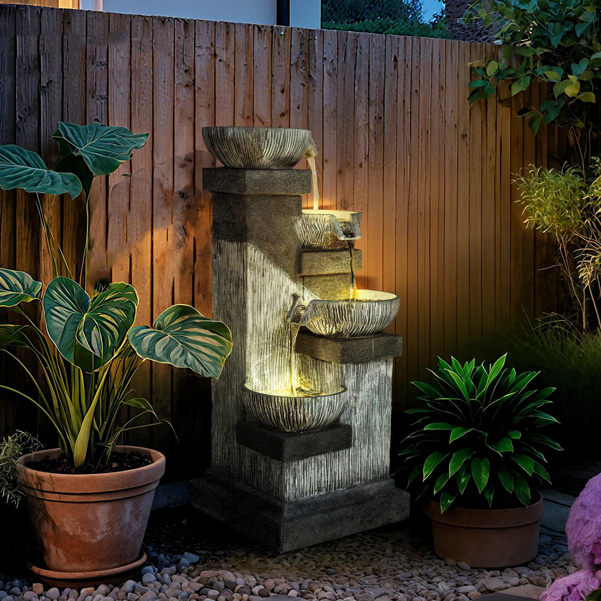 ZIERBRUNNEN DE-10204 4-stufiger Wasserfall mit LED-Beleuchtung Grau - Grau, Kunststoff (38/36/85cm) - ComfortXL