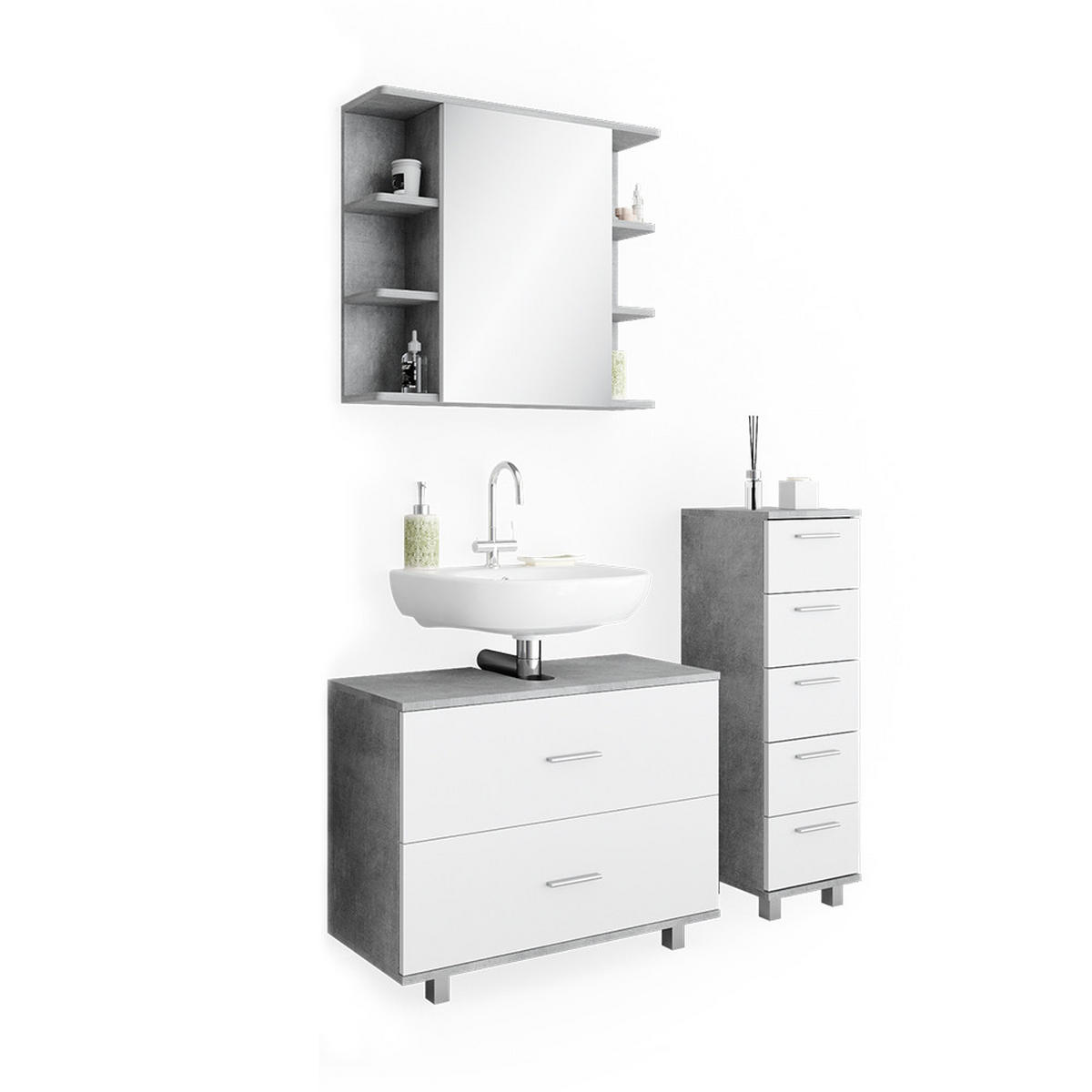 BADMÖBEL-SET Ilias Beton/Weiß 3 Teile, mit Unterschrank 80 cm - Weiß/Grau, Holzwerkstoff (80/60/33cm) - Vicco