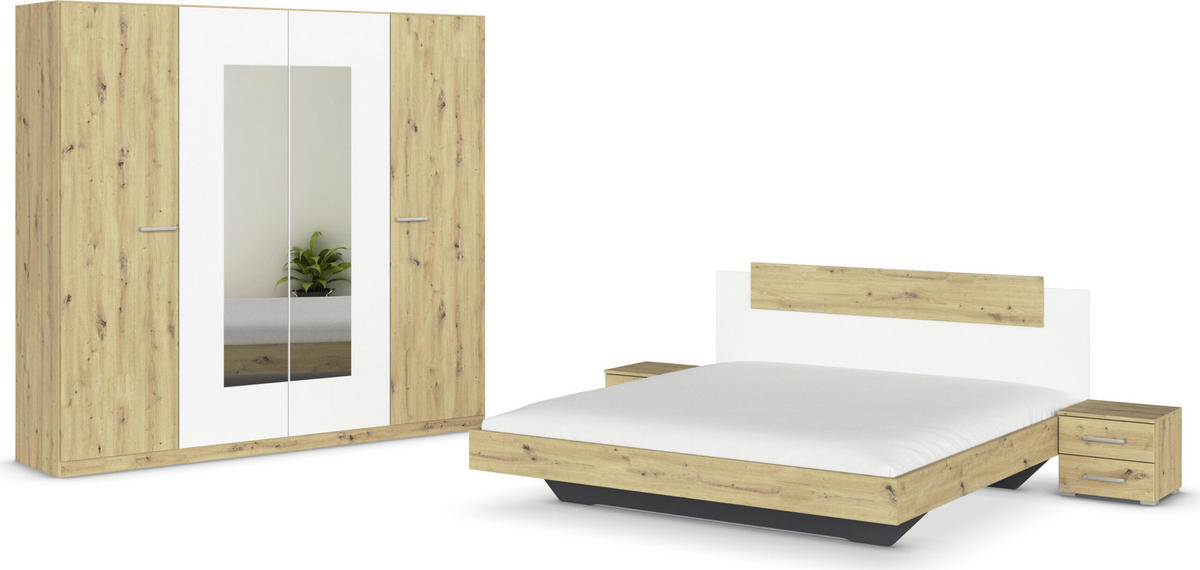 SCHLAFZIMMER Borba in Eiche und Weiß 4 teilig – mit Bettanlage 180x200cm, zwei Nachttisch und Drehtürenschrank 225cm Breite - Braun, Holzwerkstoff (80/200/120cm)