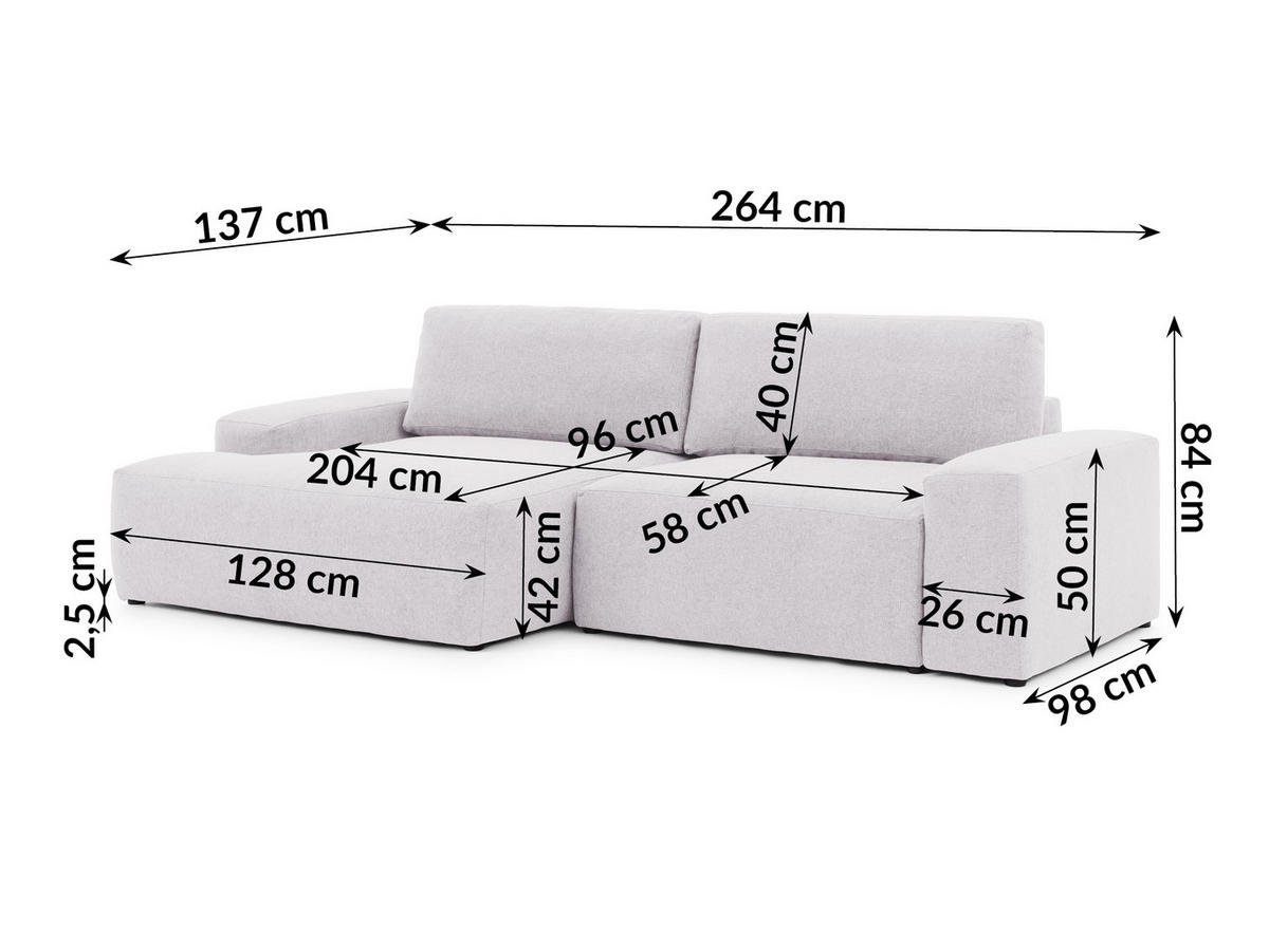 ECKSOFA Lennon aus Greige Strukturstoff mit Schlaffunktion und Bettkasten - Greige/Schwarz, Holz/Kunststoff (137/264cm) - S-Style