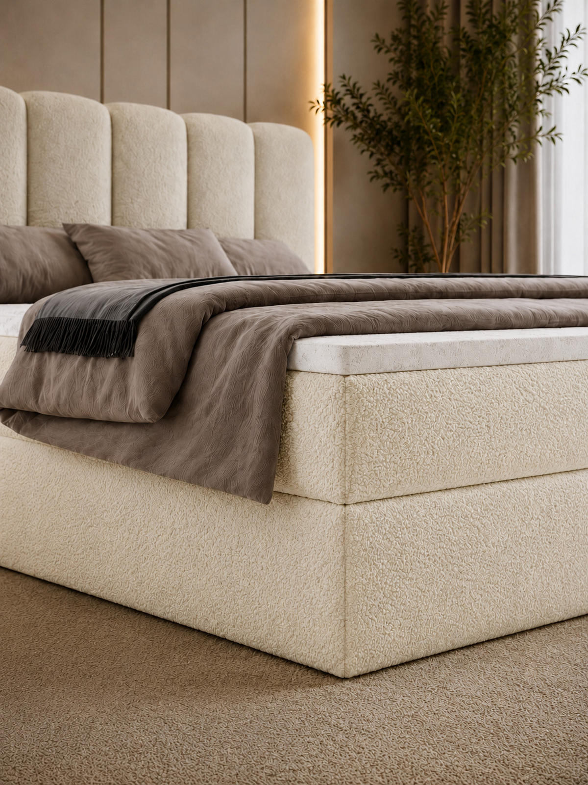 BOXBET NOLARO 160x200 cm Komplett-Set mit Bettkasten, Bonell-Matratze und Topper, Bouclé Weiß - Weiß, Textil (160/200cm) - Luxkor24