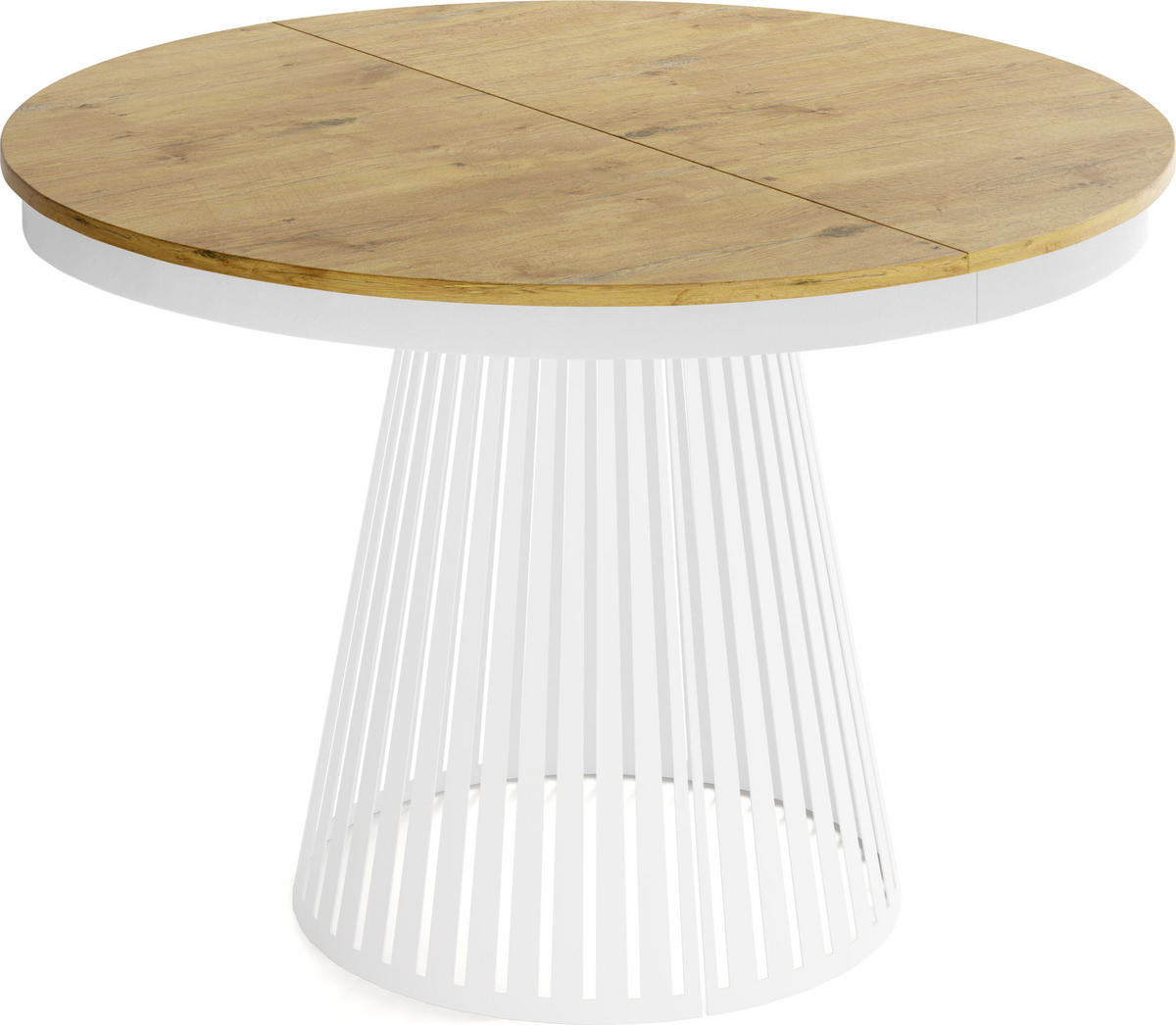 ESSTISCH Naro rund ausziehbar mit Weißem Lamellen-Metallgestell, Braun 120-200/120/76 cm - Eichefarben/Weiß, Holzwerkstoff/Metall (120/120/76cm) - WFL GROUP