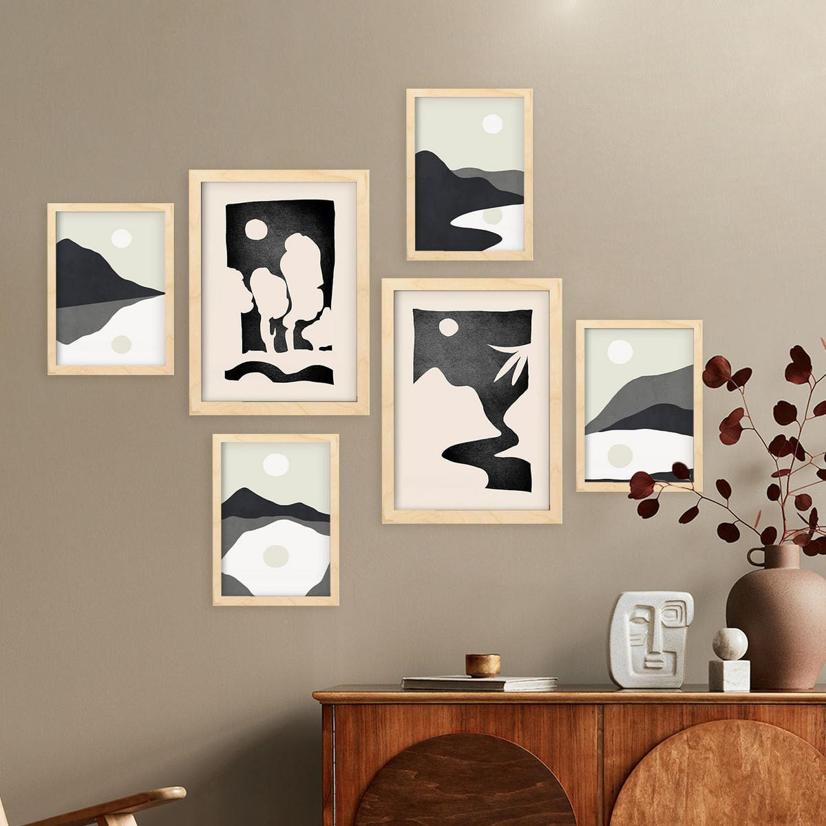 POSTER Set Mit 6 Mitternachtsmond In Kulissen Abstracts Ästhetische Dekorative Gemälde Für Ihr Wohnzimmer Zuhause A3 & A4 Rahmen Aus Hellem Holz - Beige, Papier (29/3cm) - Nacnic