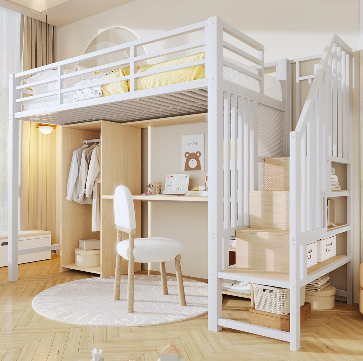HOCHBETT aus Metall und MDF 90x200 cm Weiß mit Kleiderschrank, Schreibtisch und Stauraumstufen - Weiß, Metall (90/200cm) - Modfu