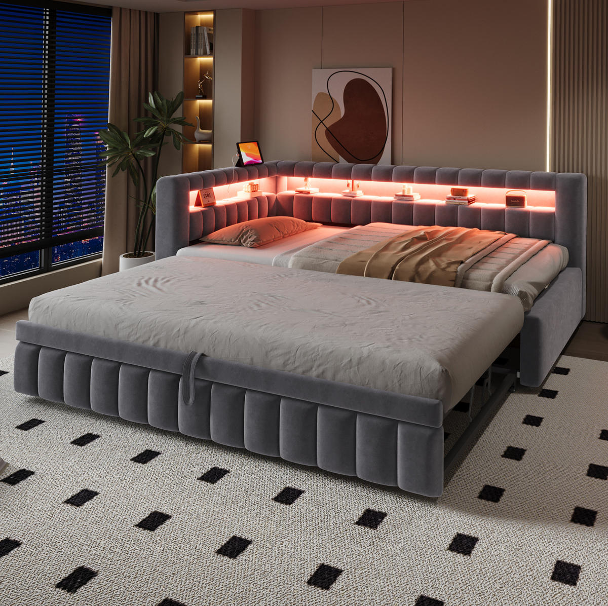 ČALOUNĚNÁ rozkládací postel 90/200 cm s LED osvětlením, USB a výsuvným lůžkem, Šedá - šedá, textil (90/200cm) - Redom