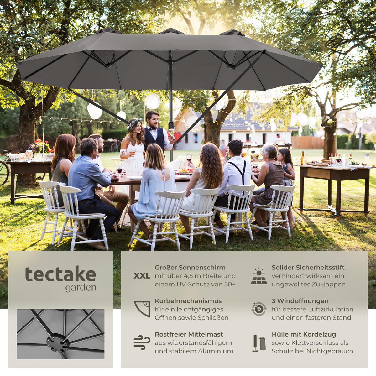 SONNENSCHIRM Silia,UV-Schutz 50+, inklusive Windsicherung und Schutzhülle,grau - Grau, Metall (270/460cm) - tectake