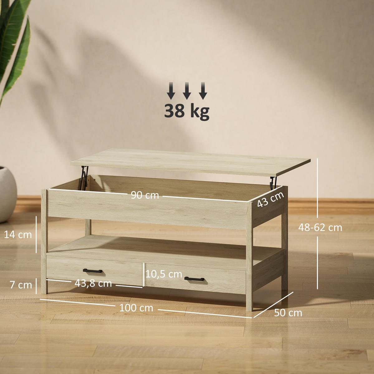 COUCHTISCH DE-15779 höhenverstellbare Platte Eiche - Eichefarben, Holzwerkstoff (100/50/62cm) - ComfortXL