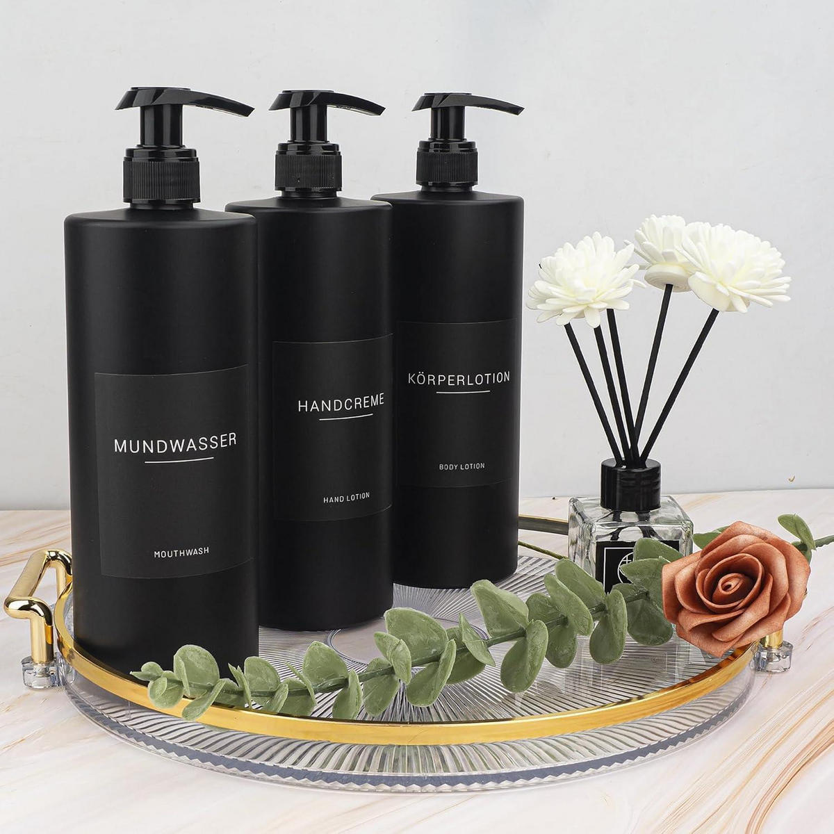 SEIFENSPENDER 3-teiliges Set 500ml Schwarz mit Etiketten - Schwarz, Kunststoff (6.6/17/6.6cm)