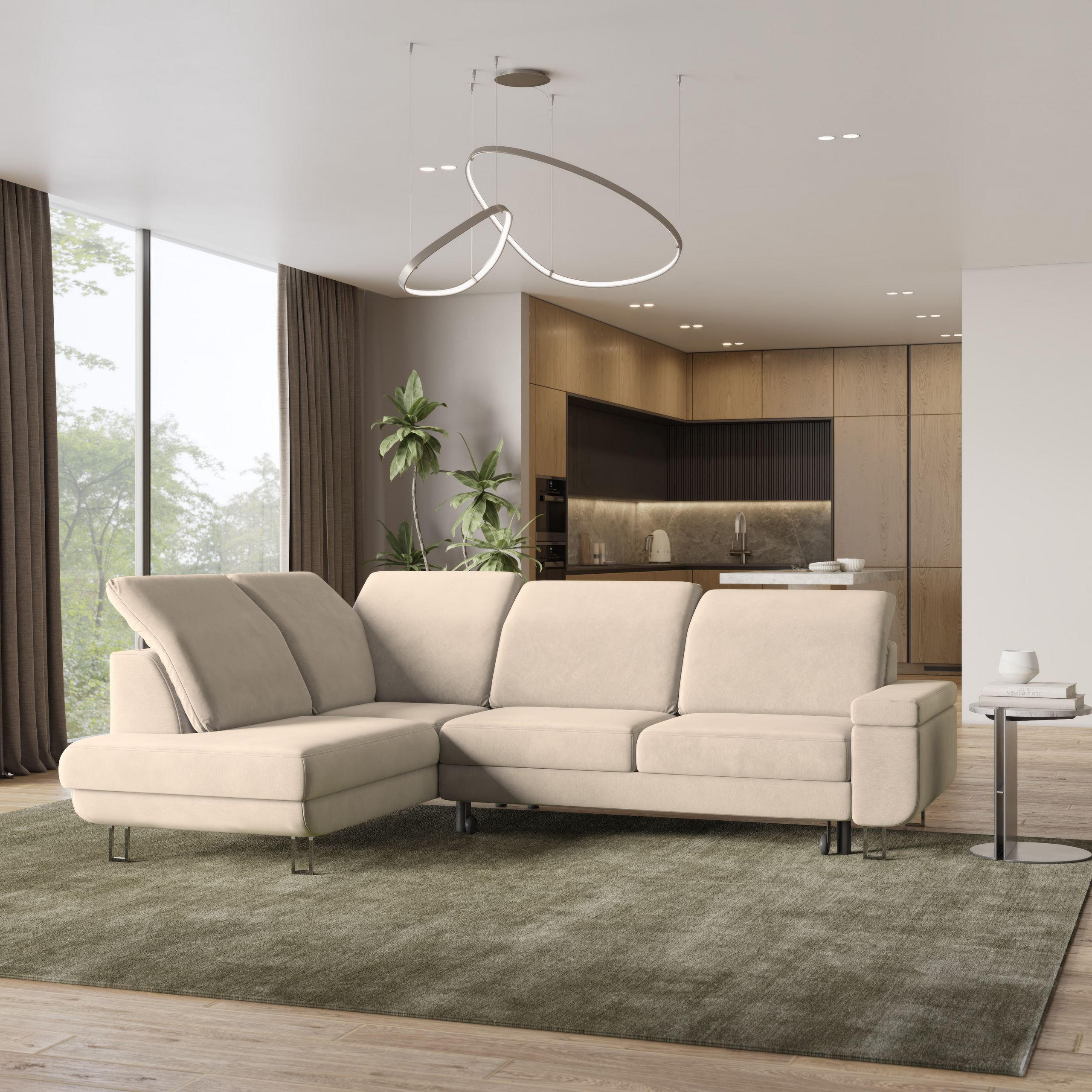 ECKSOFA LERMA L-S Creme Velours-Stoff mit Schlaffunktion - Creme, Holz (253/190cm) - MASSENO