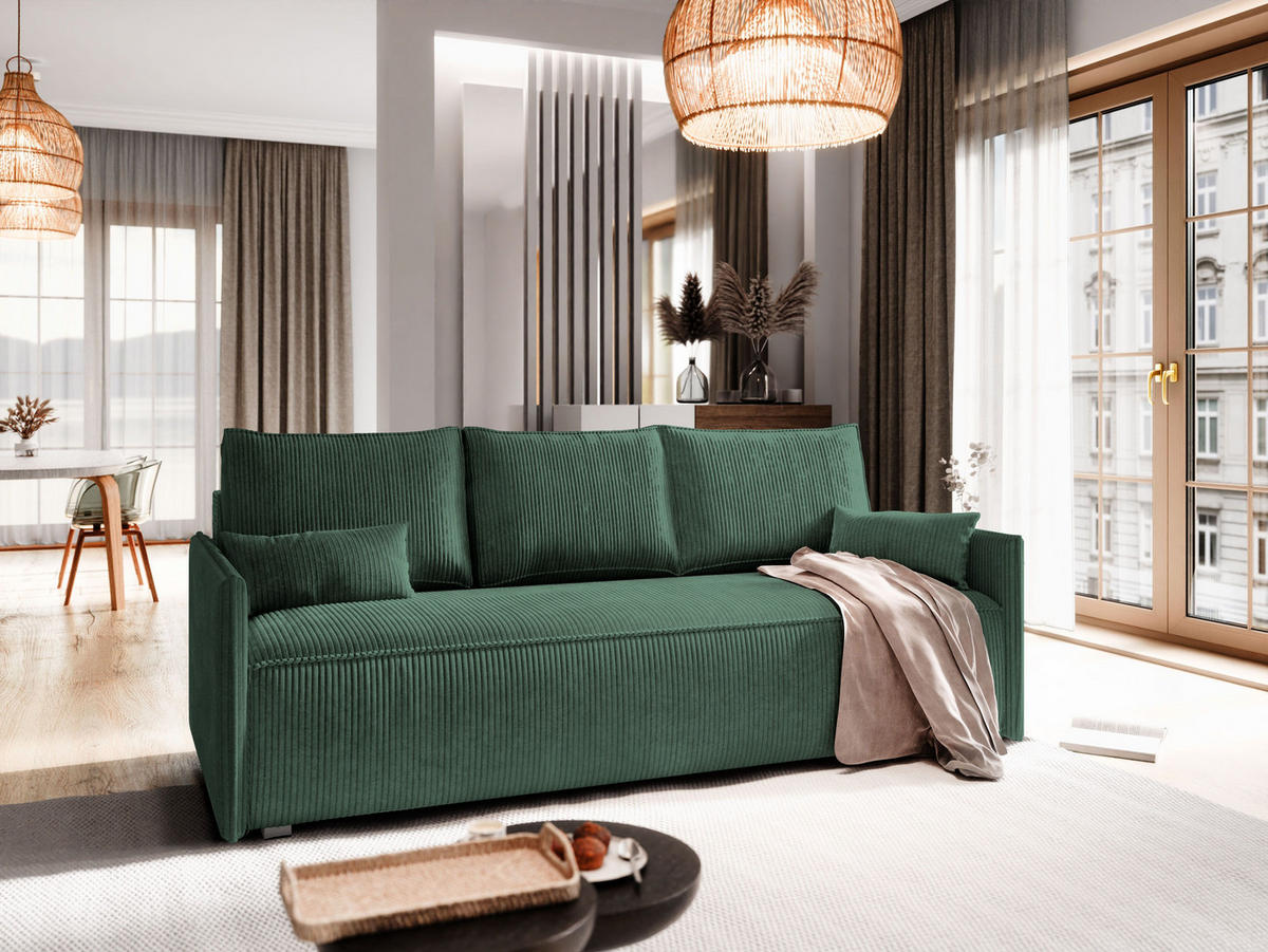 BETTSOFA MESTOR Grün Kordstoff mit Schlaffunktion - Grün, Textil (206/83/87cm) - MASSENO