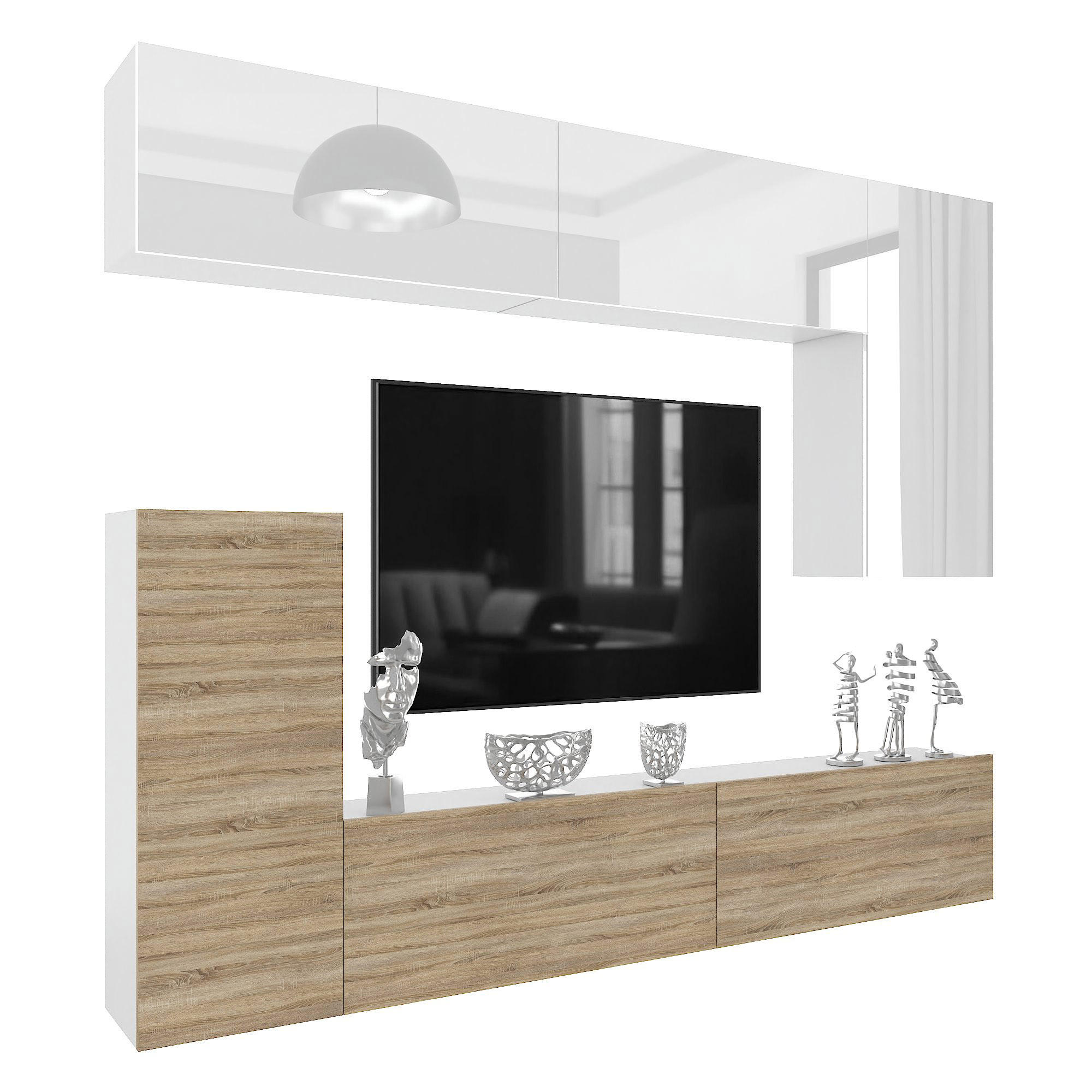 WOHNWAND Milano 8, Weiß/Sonoma Eiche, 250 cm, Grifflos - Weiß, Holz (250/115/36cm) - B BELINI GROUP