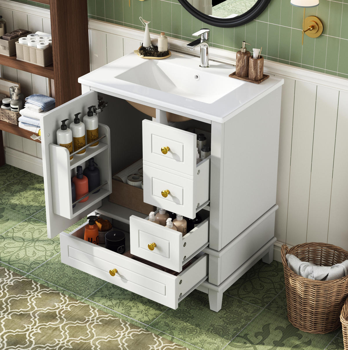 WASCHTISCHUNTERSCHRANK aus MDF und Keramik 61x47x86 cm Weiß mit 3 Schubladen, Soft-Close und Stauraum - Weiß, Keramik (61/86/47cm) - Modfu
