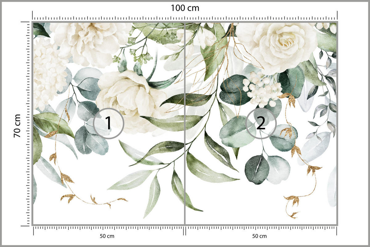 FOTOTAPETE für Schlafzimmer Aquarell Weiße Blumen Pfingstrosen Blätter Natur 100x70 - Creme/Weiß, Papier (100/70cm) - Muralo
