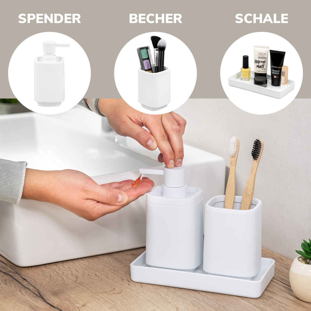 BAD-ACCESSOIRES-SET VALONA, Soft-Touch, weiß - Weiß, Kunststoff (18/2.5/9.5cm) - eluno