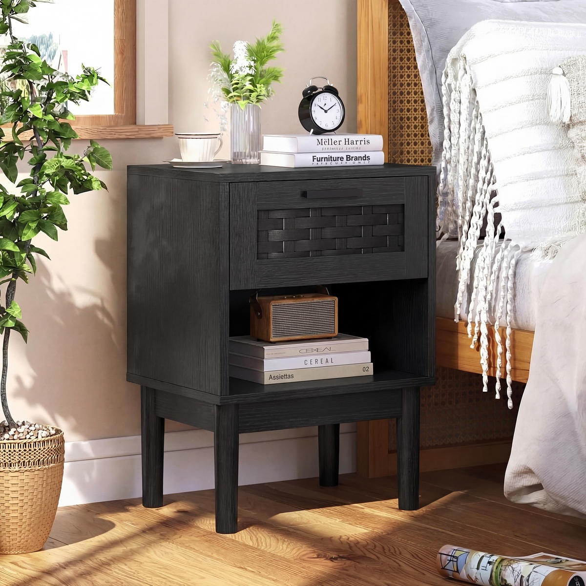 NACHTTISCH 2er Set Holz Rattan Schublade offenes Fach schwarz - Schwarz, Holz (30/55/40cm) - LEBENLANG