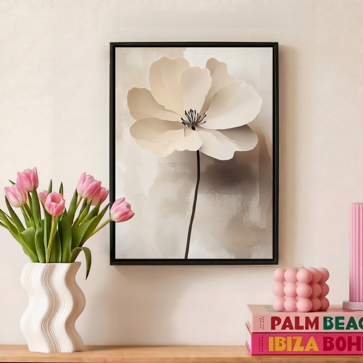 LEINWAND Bilder mit Rahmen - Blume - Beige - Farbe - Schatten - 30x40 - Creme, Textil (30/40cm) - MuchoWow