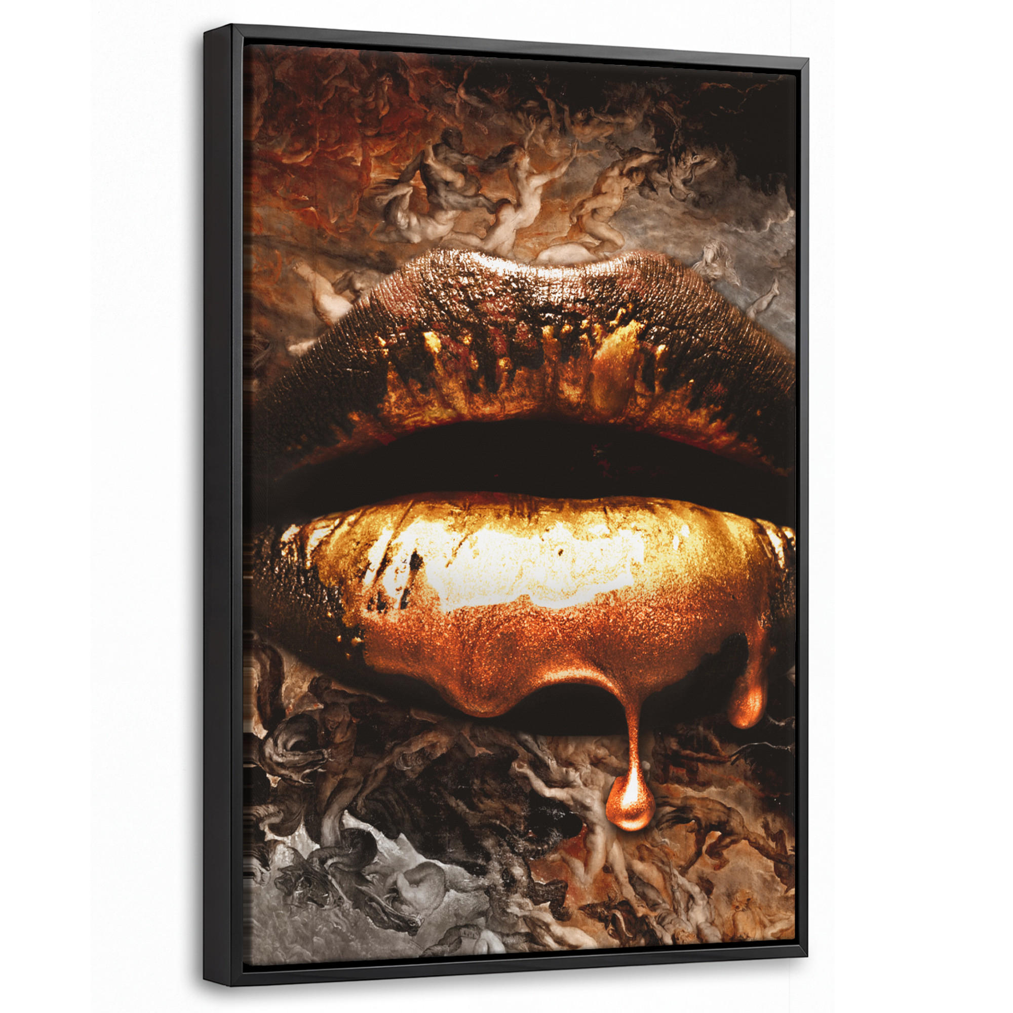 LEINWAND Bilder mit Rahmen - Gold - Lippen - Kunst - Gold - Luxus - Abstrakt - 40x60 - Kupferfarben, Textil (40/60cm) - MuchoWow