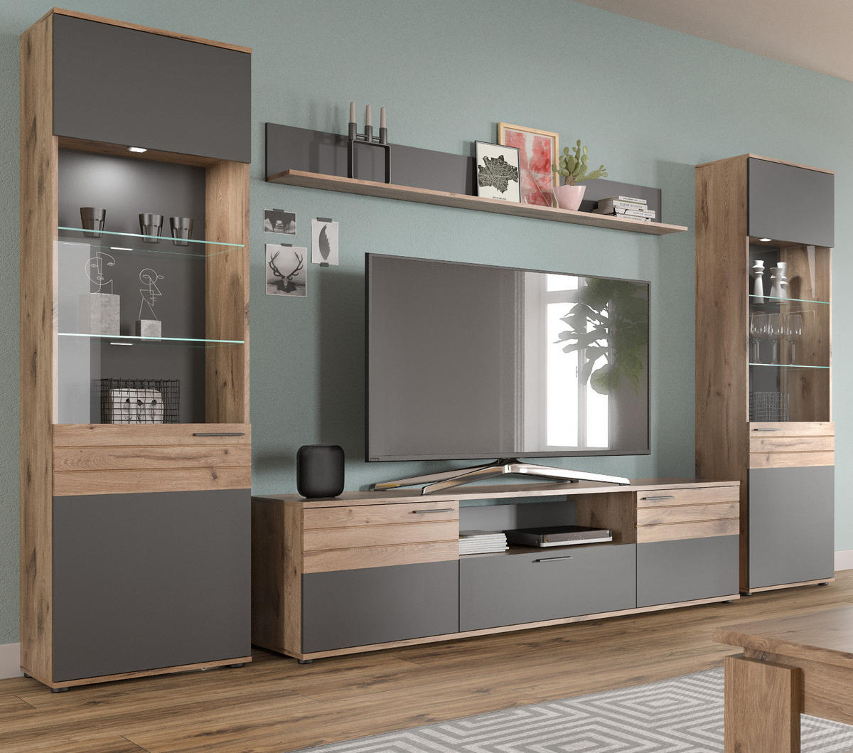 WOHNWAND Eiche, grau 4-teilig 338 cm, Schrankwand mit Soft-Close, Wohn- und Esszimmermöbel - Eichefarben/Schwarz, Glas/Holzwerkstoff (338/200/47cm) - Inn.Furn
