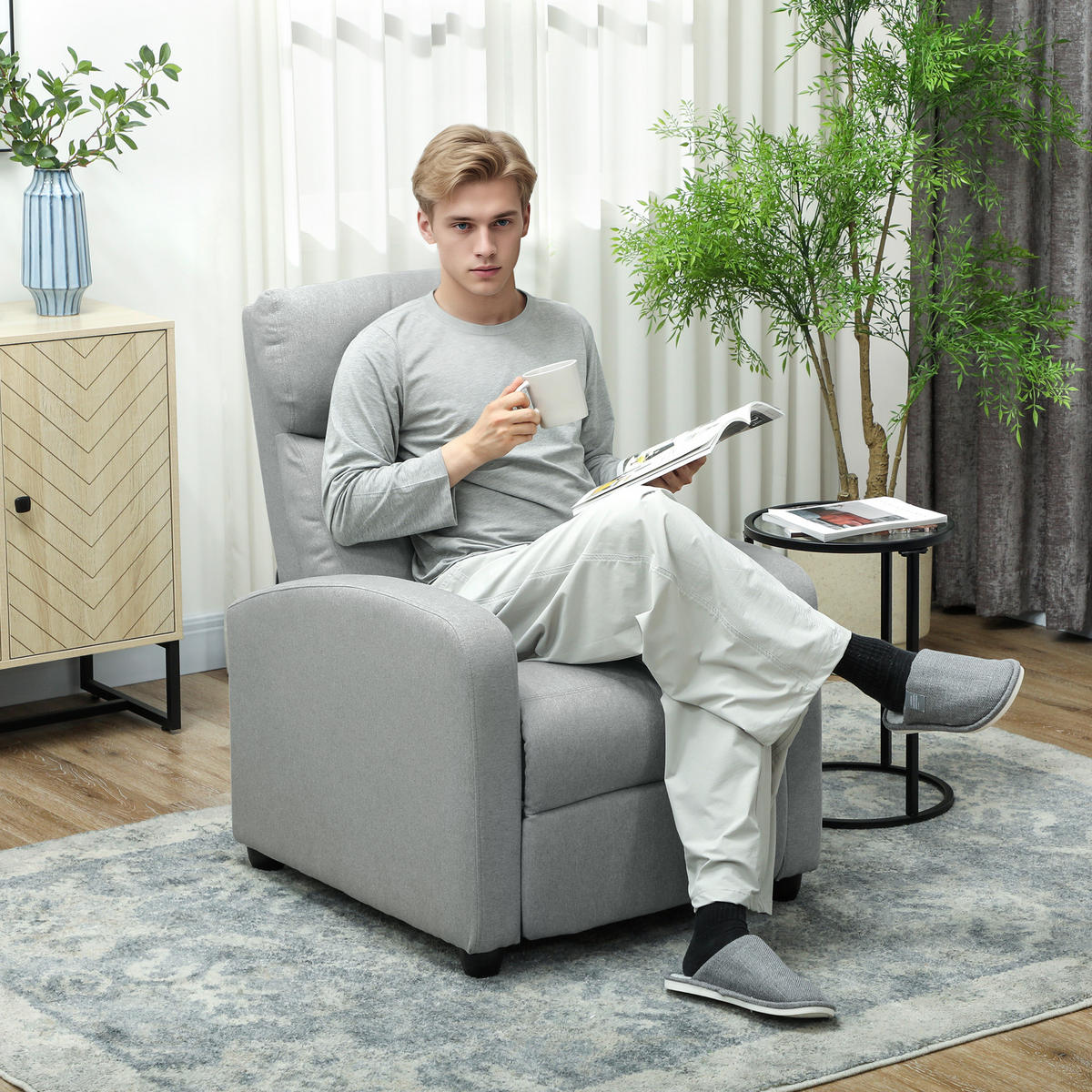 RELAXSESSEL Fernsehsessel mit Liegefunktion, Leinenoptik, für Wohnzimmer Hellgrau - Hellgrau, Textil/Metall (88/101/69cm) - HOMCOM