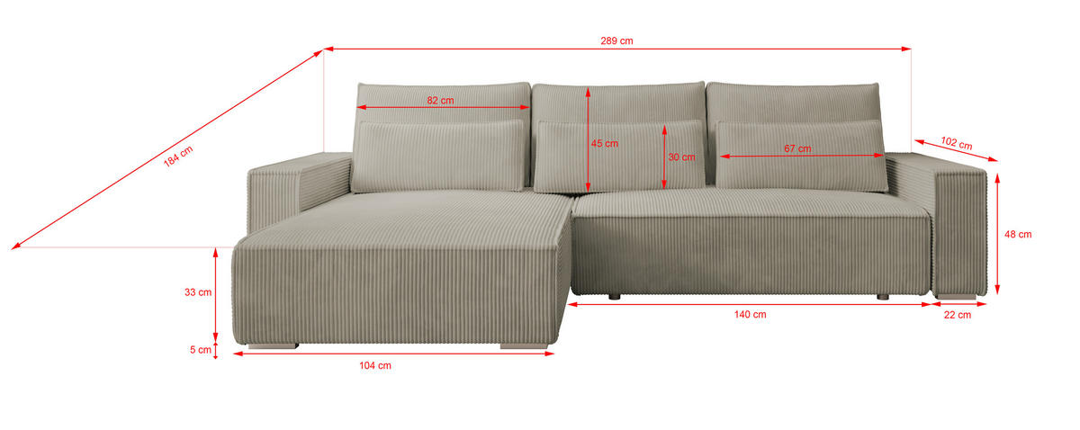 ECKSOFA Alice mit Bettkasten und Schlaffunktion, Cordstoff in L-Form - Beige, Textil (289/184cm)