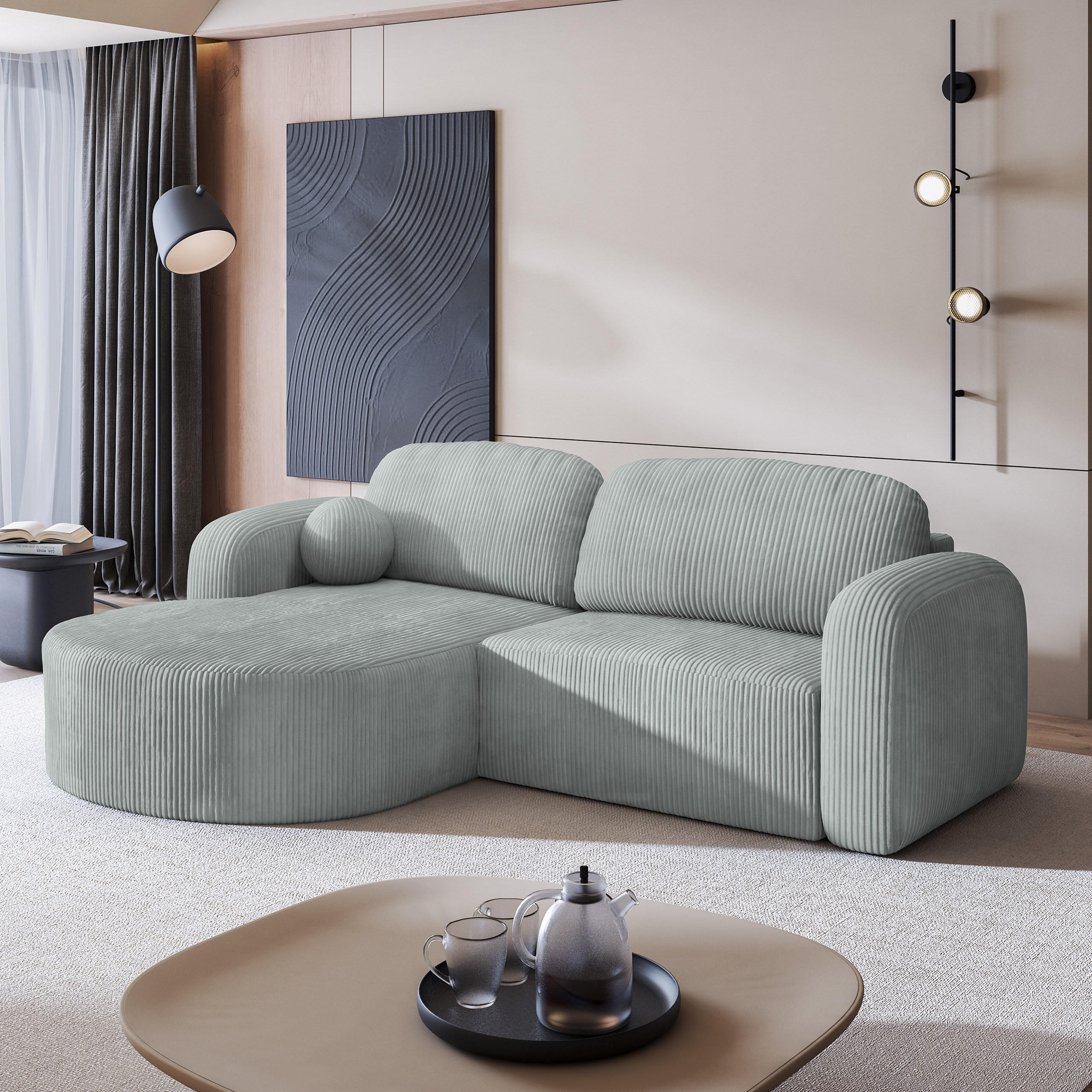 ECKSOFA AMILIA P L-S Hellgrau Kordstoff mit Schlaffunktion - Hellgrau, Holz (263/174cm) - MASSENO