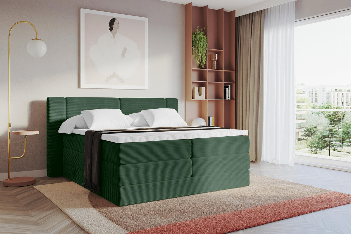 BOXSPRINGBETT mit Matratze H3/H4 - EVON KING - 140x200 cm Grün - Grün, Holzwerkstoff (140/200cm) - ALTDECOR