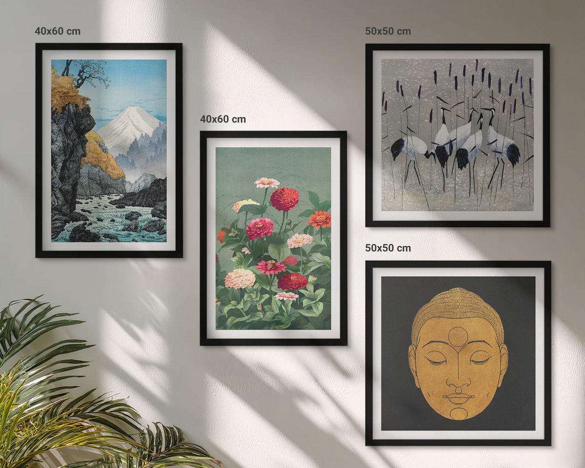 WANDBILDER 4er-Set - 50x50 cm & 40x60 cm Schwarzer Rahmen - Japanische Natur und Japandi-Stil - Schwarz, Kunststoff (50/50cm) - ArtPrintCave