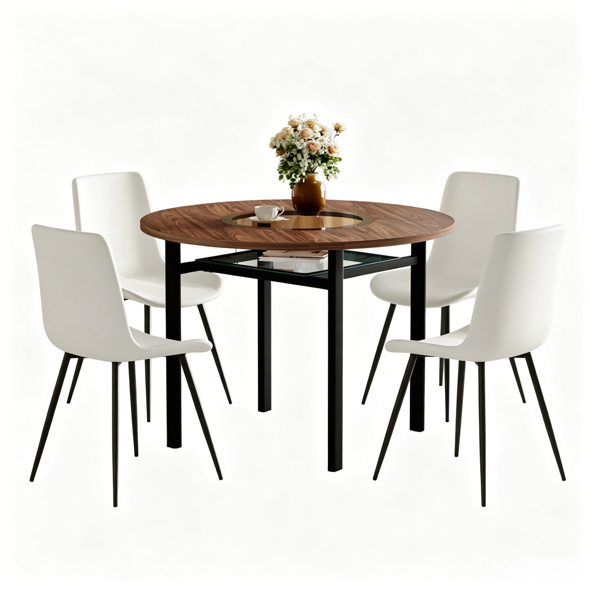 TISCHGRUPPE 5-tlg 100cm Holzoptik Braun mit 4 Weißen PU Sesseln - Weiß, Holzwerkstoff/Metall (63/22/113.5cm) - Raelunyi