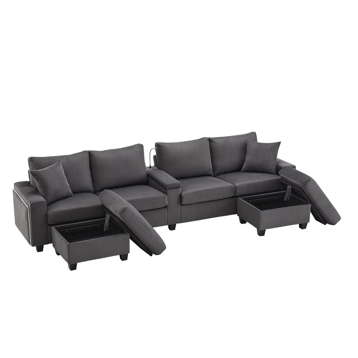 ECKSOFA aus Cord in Grau mit LED-Beleuchtung & smarten USB-Anschlüssen - Grau, Textil (128.5/334cm) - Urban Meuble