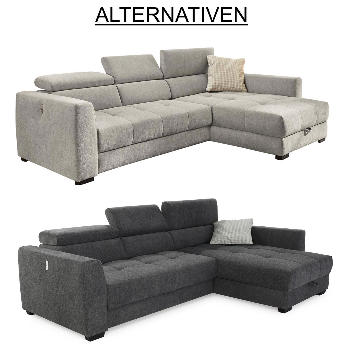 ECKSOFA mit elektrischer Sitztiefenverstellung, Kopflehnen verstellbar, USB-Ladefunktion, Bettkasten B300/T196/H103 cm, Chenille Dunkelgrau / 15409 - Dunkelgrau/Schwarz, Kunststoff/Textil (300/196cm) - luma-home