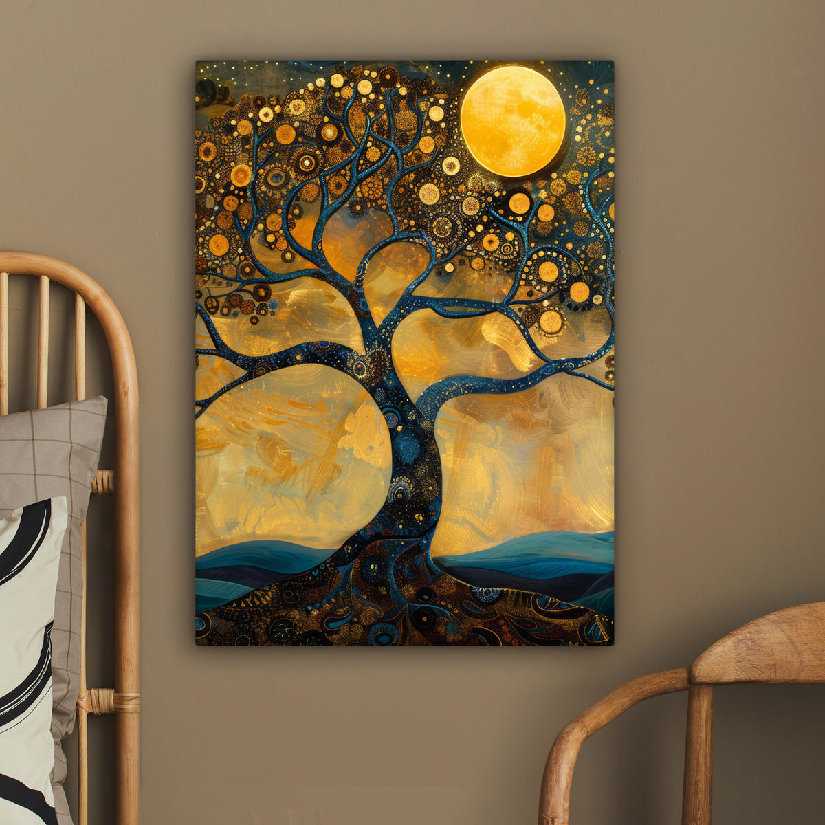 LEINWANDBILD Baum - Mond - Blumen - Gold - Kunst 60x80 cm - Orange, Textil (60/80cm) - MuchoWow