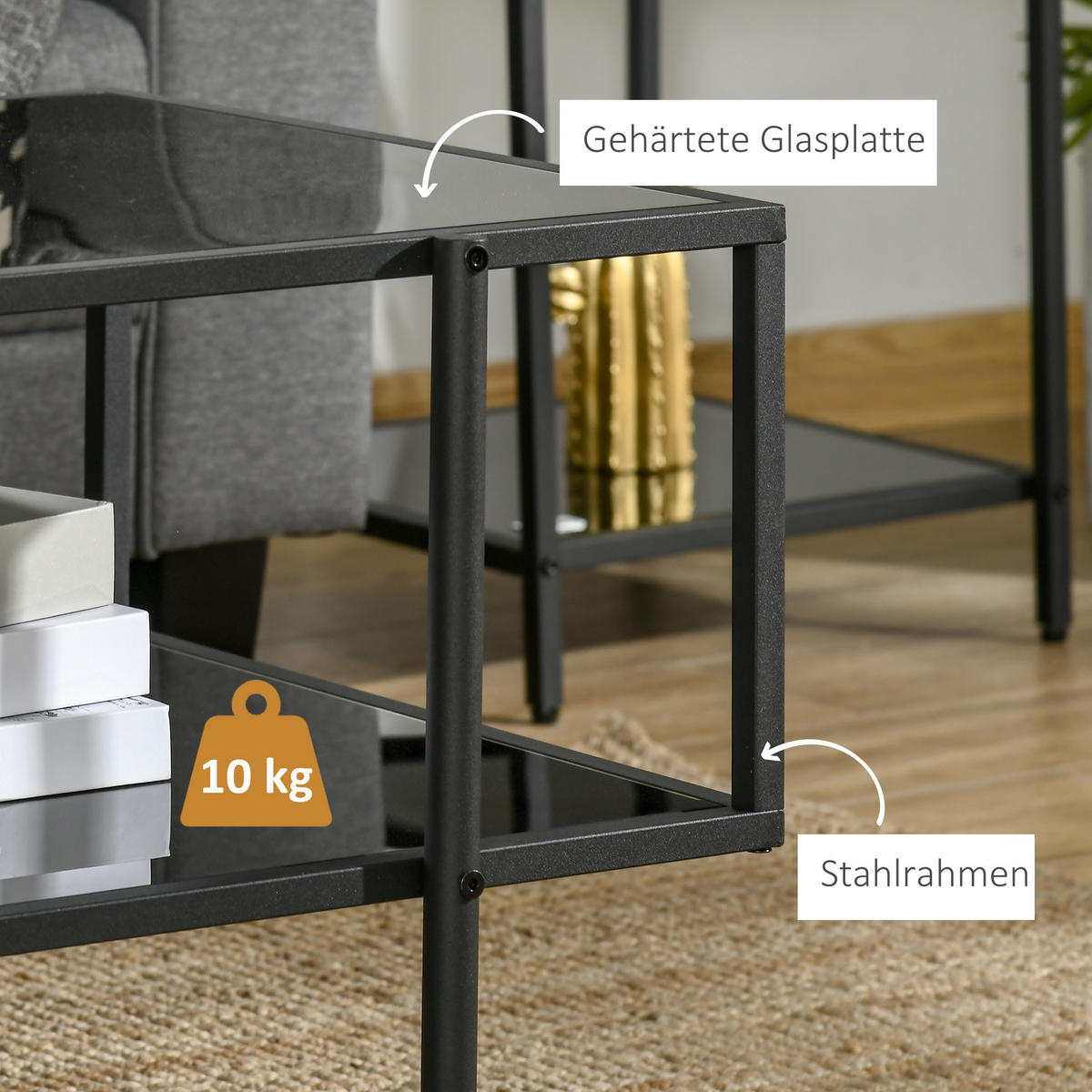 COUCHTISCH mit Ablage, verstellbare Füße, 100 x 55 x 45,5 cm - Schwarz, Glas (100/55/45.5cm) - HOMCOM